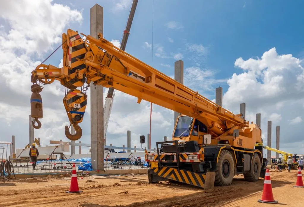 Mobile crane set up between concrete columns on a commercial construction site